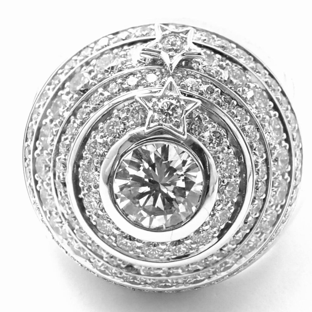 Authentic! Chanel Comete Star 18k White Gold Diamond Large Spinning Dome Ring
